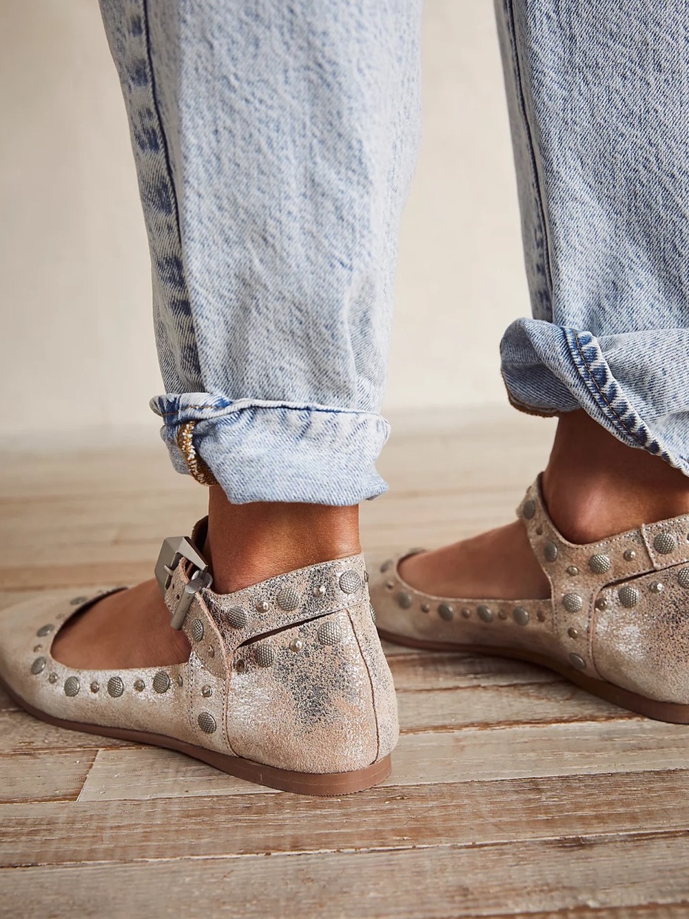 FREE PEOPLE Mystic Mary Jane Flats Champagne Studded Festival Size 38 - Picture 2 of 14
